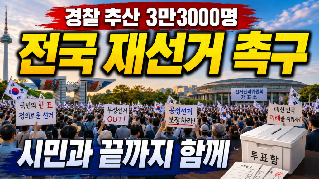 올림픽공원 재선거 요구 집회와 투표용지 부족 사태 이후 시민들이 선거관리 책임 규명을 촉구하는 정치 뉴스 썸네일 이미지.