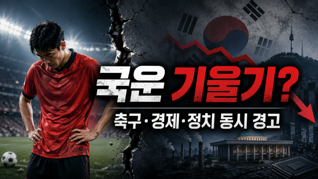 실망한 한국 축구 선수가 경기장에 서 있고, 뒤편에는 하락 그래프와 태극기, 국회와 산업 시설이 배치된 국운 위기 상징 이미지