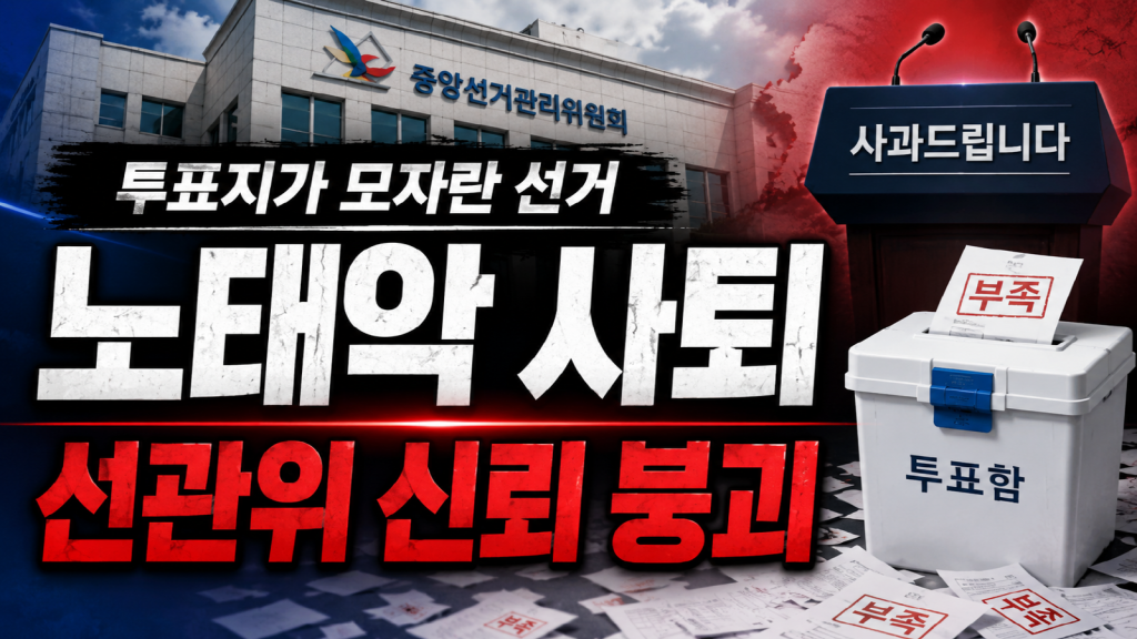 투표용지 부족 사태와 노태악 중앙선관위원장 사퇴를 상징하는 투표함, 투표지, 사과 연단이 배치된 정치 뉴스 썸네일 이미지