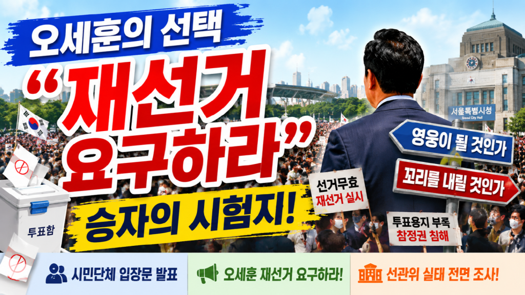 올림픽공원 재선거 요구 시위와 오세훈 서울시장의 정치적 선택을 상징하는 투표함, 시민 군중, 서울시청 실루엣 이미지.