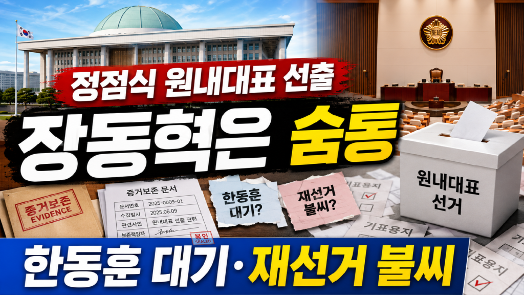 정점식 국민의힘 원내대표 선출 이후 장동혁 체제, 한동훈 복당론, 선관위 재선거 요구 정국을 상징하는 정치 뉴스 썸네일 이미지.