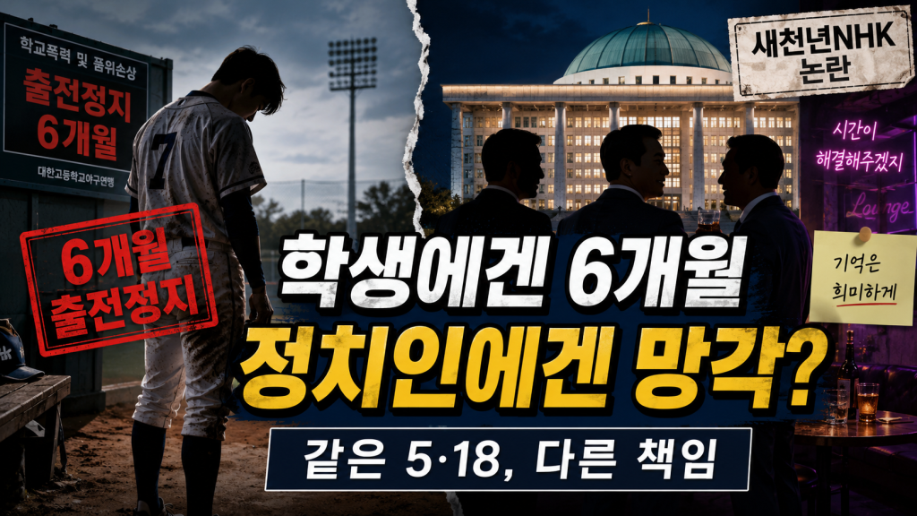 배재고 야구부 징계와 새천년NHK 사건을 대비해 표현한 5·18 정치권 책임 논란 이미지 Image Title