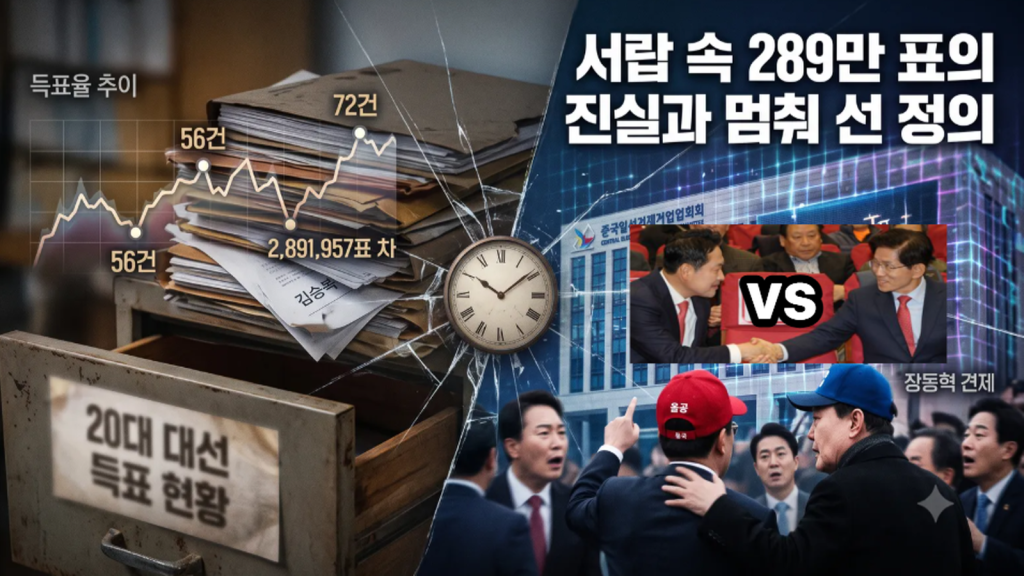 중앙선거관리위원회 청사와 시간별 득표율 그래프, 그리고 보수 진영 내부의 차기 대권 및 원내 주도권 다툼을 나타낸 정무적 구도.