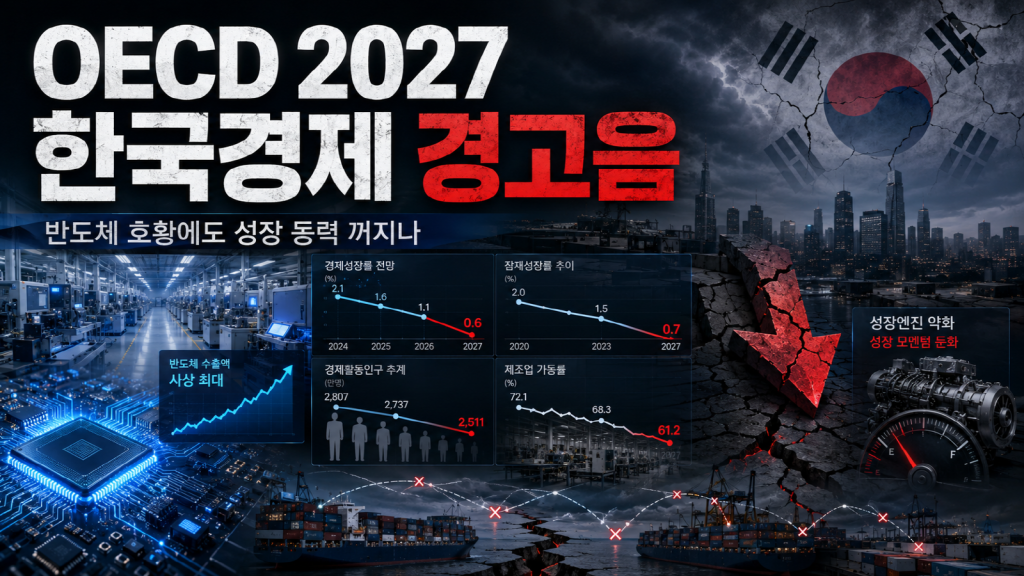 반도체 공장과 청년 구직자 실루엣, OECD의 한국 잠재성장률 경고를 상징하는 경제 뉴스 이미지