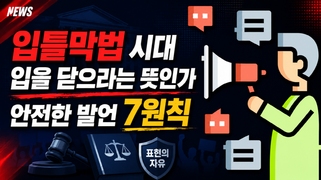 검은 마스크를 쓴 시민 실루엣과 스마트폰 검열 화면, 표현의 자유 논쟁을 상징하는 한국 정치 뉴스 이미지