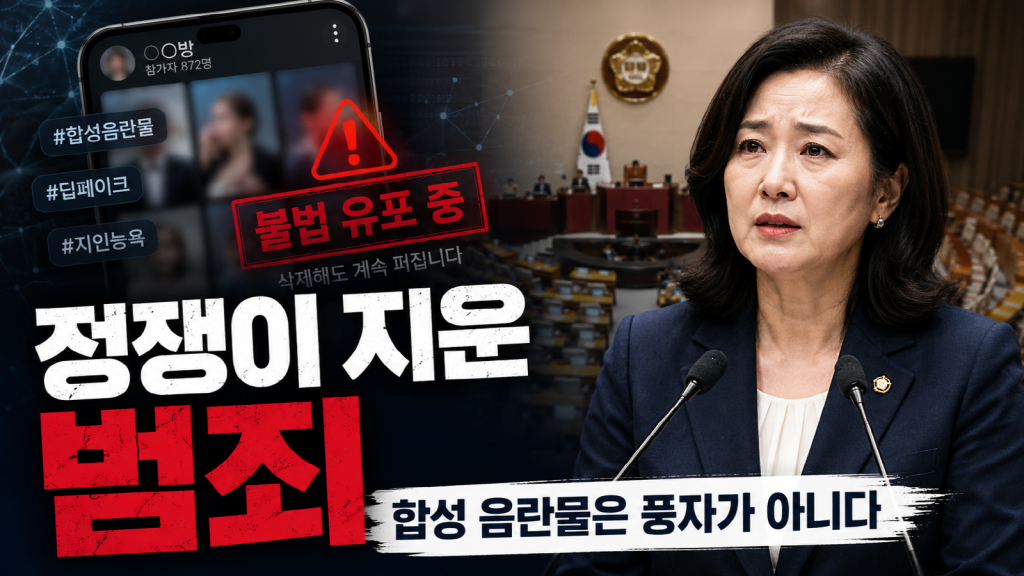 온라인 합성 음란물과 정치권 디지털 성범죄 문제를 상징하는 여성 정치인 실루엣과 스마트폰 화면