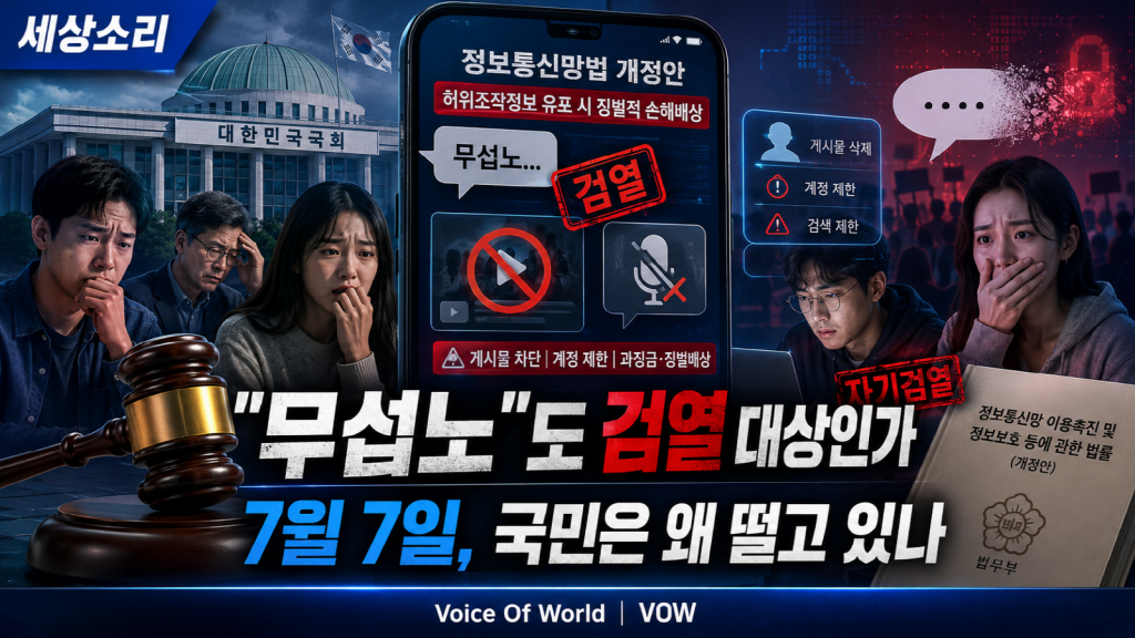 스마트폰 화면 속 검열 경고 아이콘과 말풍선, 뒤편에는 입을 가린 시민과 한국 국회 건물 실루엣이 보이는 표현의 자유 관련 뉴스 이미지