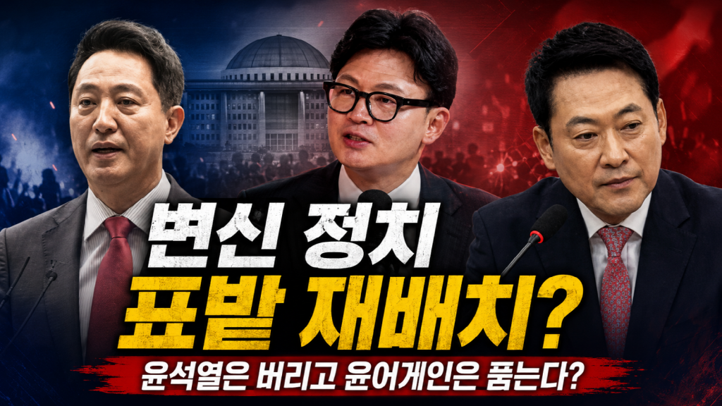 오세훈·한동훈·장동혁을 배치해 보수권의 변신 정치와 지지층 재편 논란을 표현한 정치 뉴스 이미지