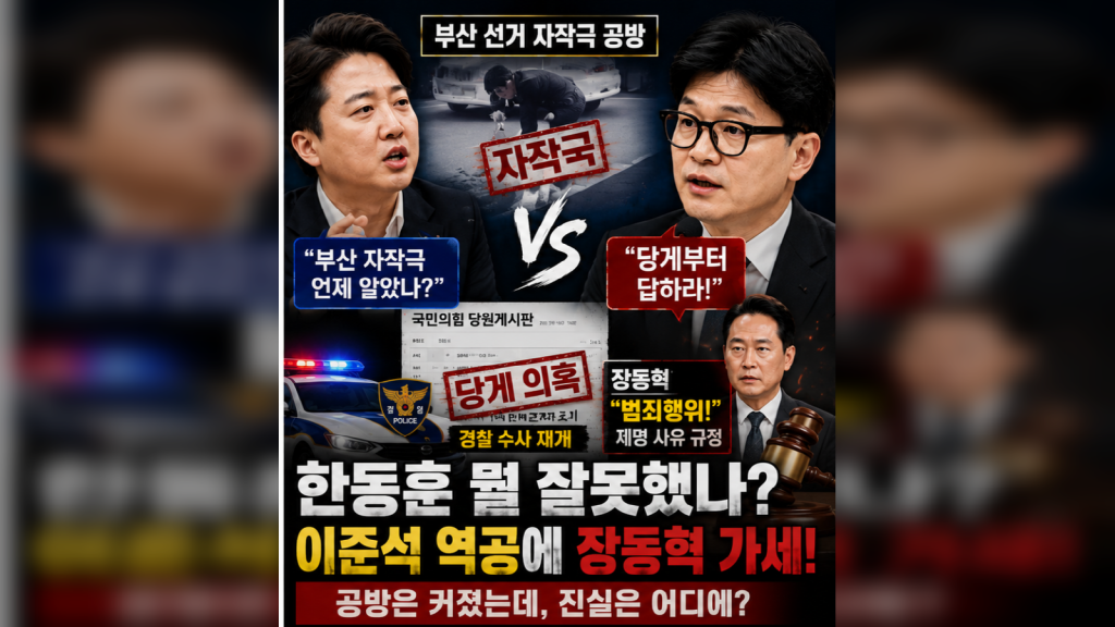 한동훈 의원과 이준석 대표의 부산 선거 자작극 및 당원게시판 설전을 표현한 정치 뉴스 썸네일
