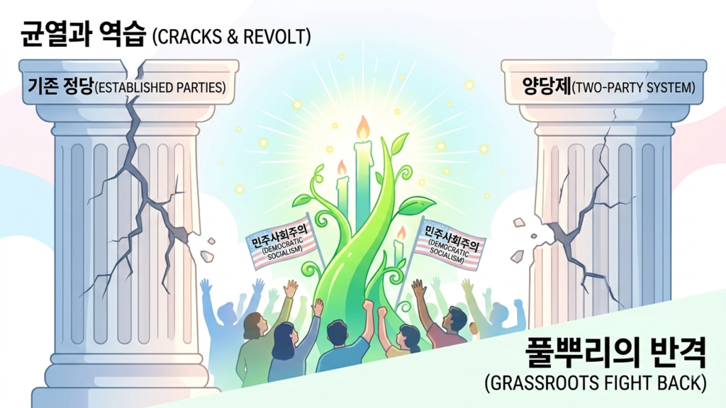 풀뿌리의 반격: 기존 미국 양당제의 기둥에 균열이 생기는 가운데, 민주사회주의라는 새로운 촛불과 풀뿌리 운동이 미국 정치의 신호탄을 쏘아 올리고 있다.