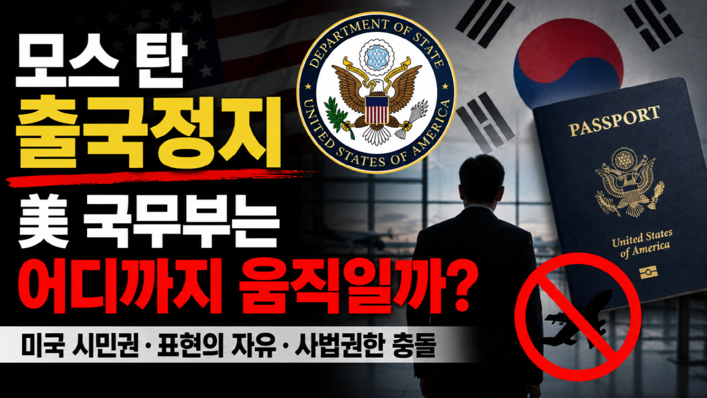 모스 탄 출국정지와 미국 국무부 대응을 상징하는 미국 국무부 문장, 미국 여권, 출국금지 표시와 한미 국기가 담긴 이미지