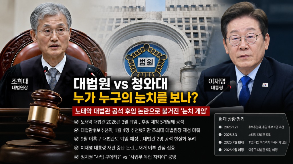 조희대 대법원장과 이재명 대통령을 중심으로 대법관 후임 제청 지연과 사법부 독립 논란을 보여주는 이미지