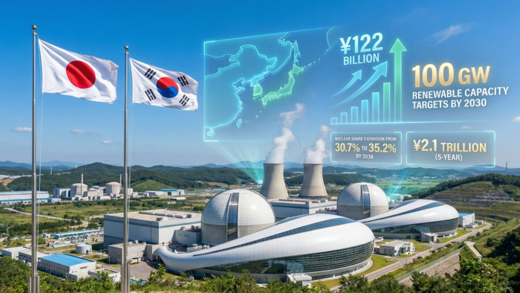 규제와 검증의 늪에 갇힌 가동 중단 노심과, 기초 타설 현장 위로 걸린 '2.8 GWe 조기 완공' 구호가 극명한 제도적 대비를 이루며 동북아 에너지 안보의 모순을 응시하고 있다.