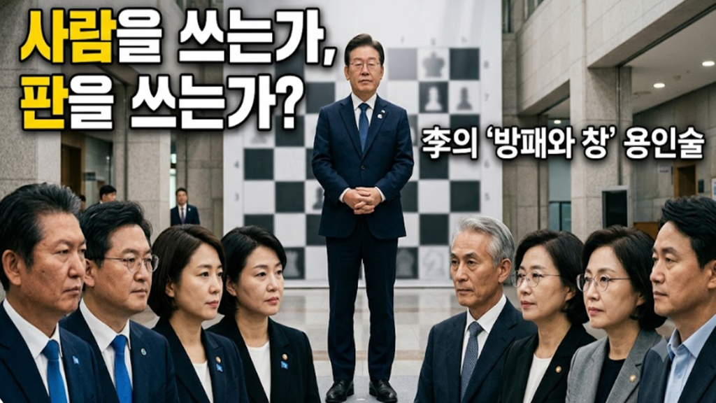 이재명 대통령과 여권 핵심 인사들을 둘러싼 방패와 창을 형상화한 한국 정치 권력구조 풍자 이미지
