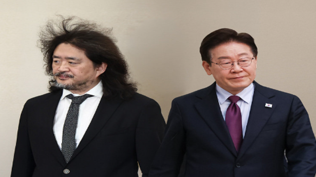 트럼프 미국 대통령과 이재명 대통령을 중심으로 중동 이란 전선과 한국군 파병 논란을 상징적으로 표현한 국제정세 정치 풍자 이미지.